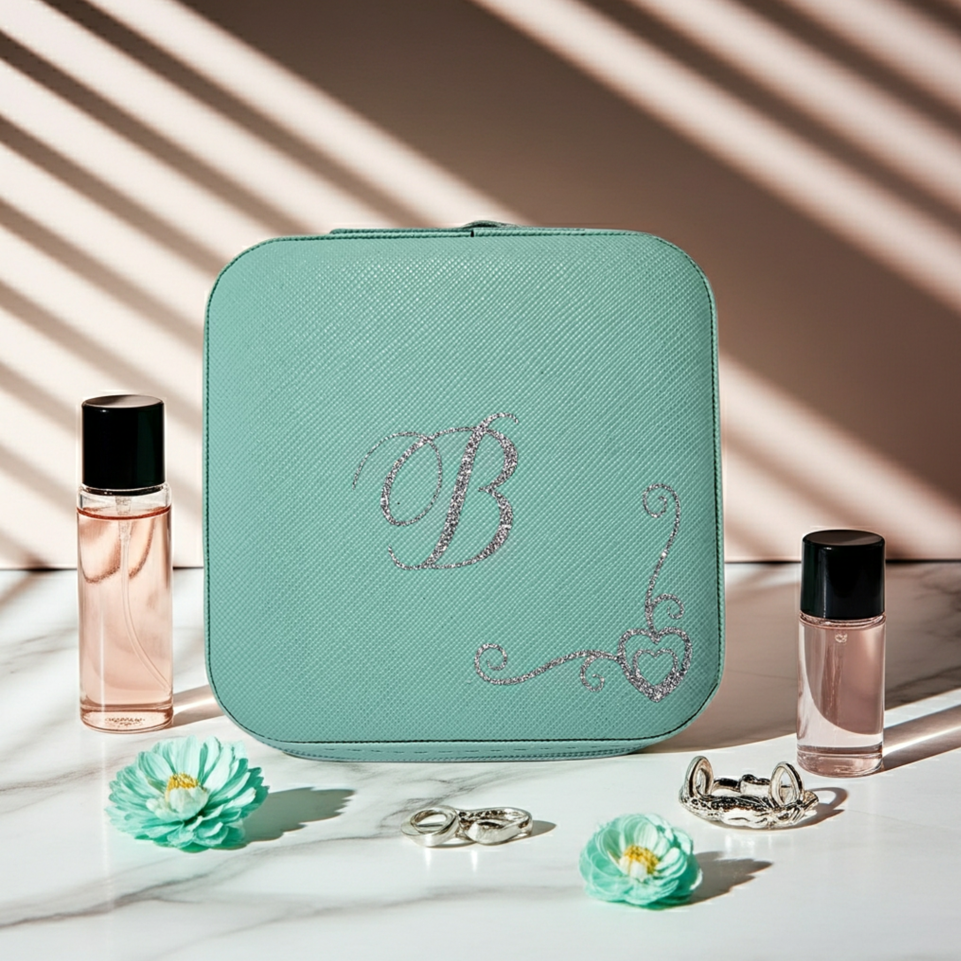 Personalised mint colour square  jewellery box with the initial 'B' on it with a heart swirl border in silver glitter vinyl. Placed next to small jewellery pieces, purfume bottles and small flowers.