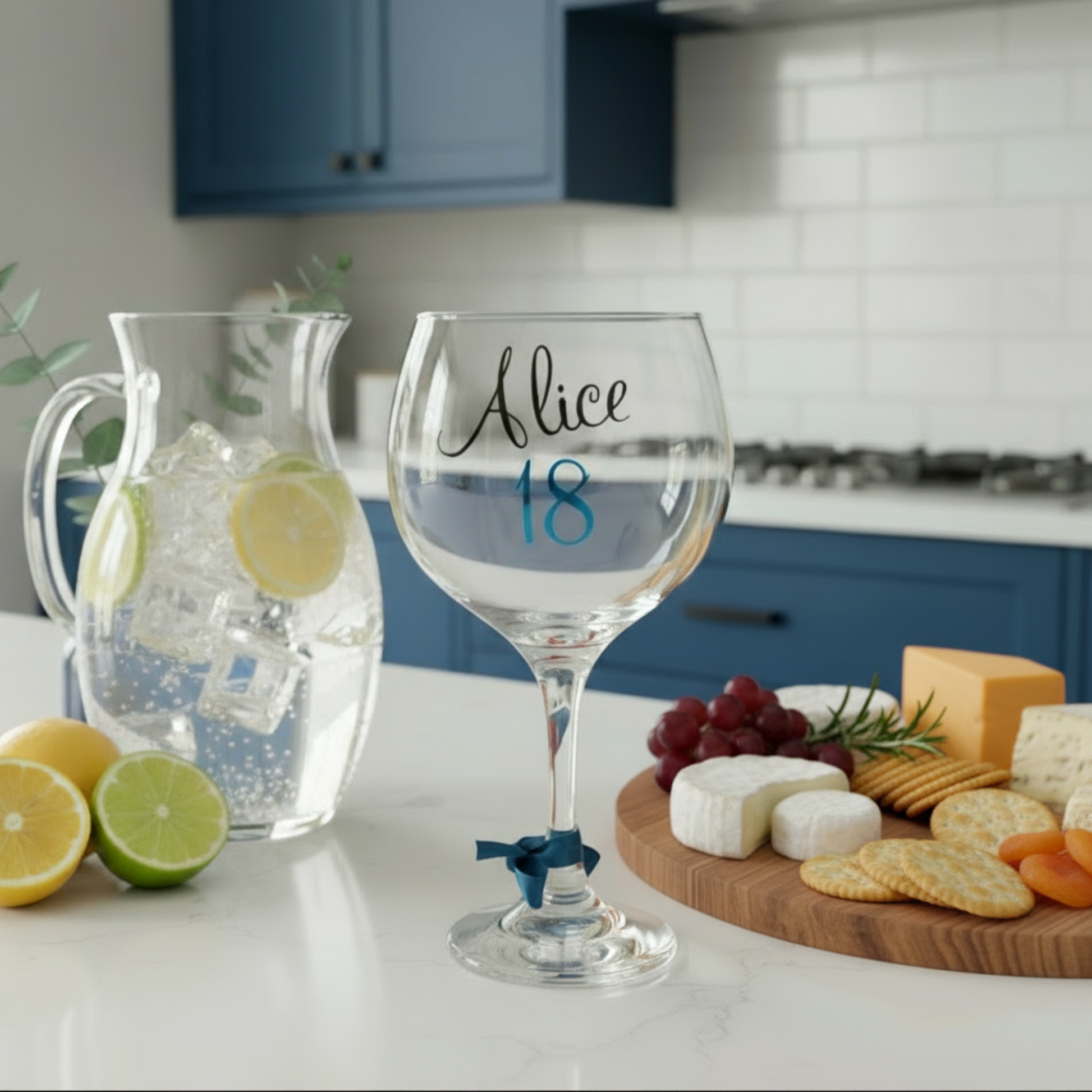 Personalised cocktail & gin balloon glass with 'Alice 18' on a white kitchen top next to a pitcher, fruits, & cheese board. 