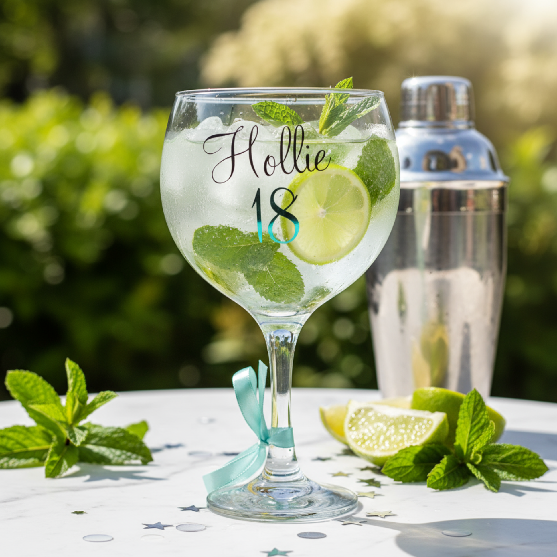 Personalised balloon gin glass with the name 'Hollie' in glossy black vinyl & age '18' in a mint holographic vinyl. Sat on a white surface with mint sprigs and lemon slices in a garden setting.