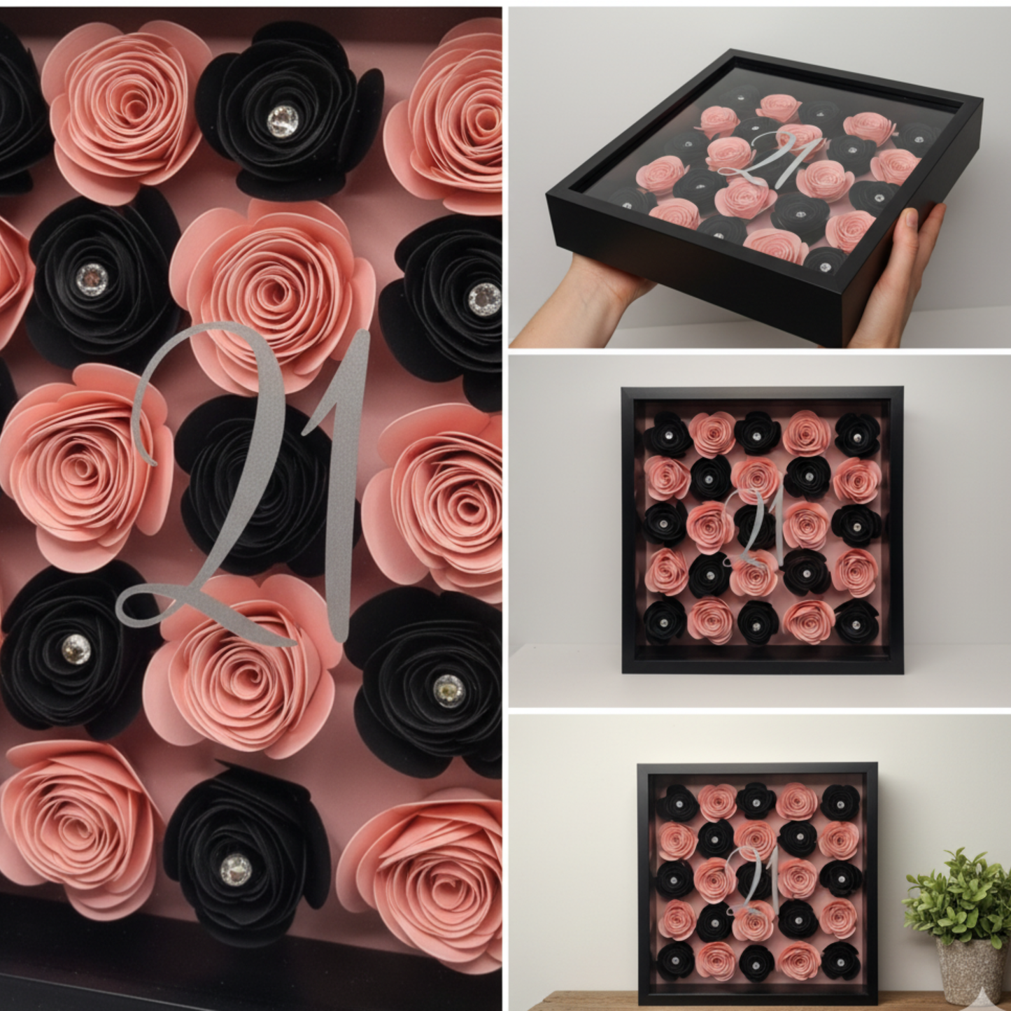 Personalised shadow boxes in a collage with '21' on a glass front with pink & black floral displays in a black frame. 