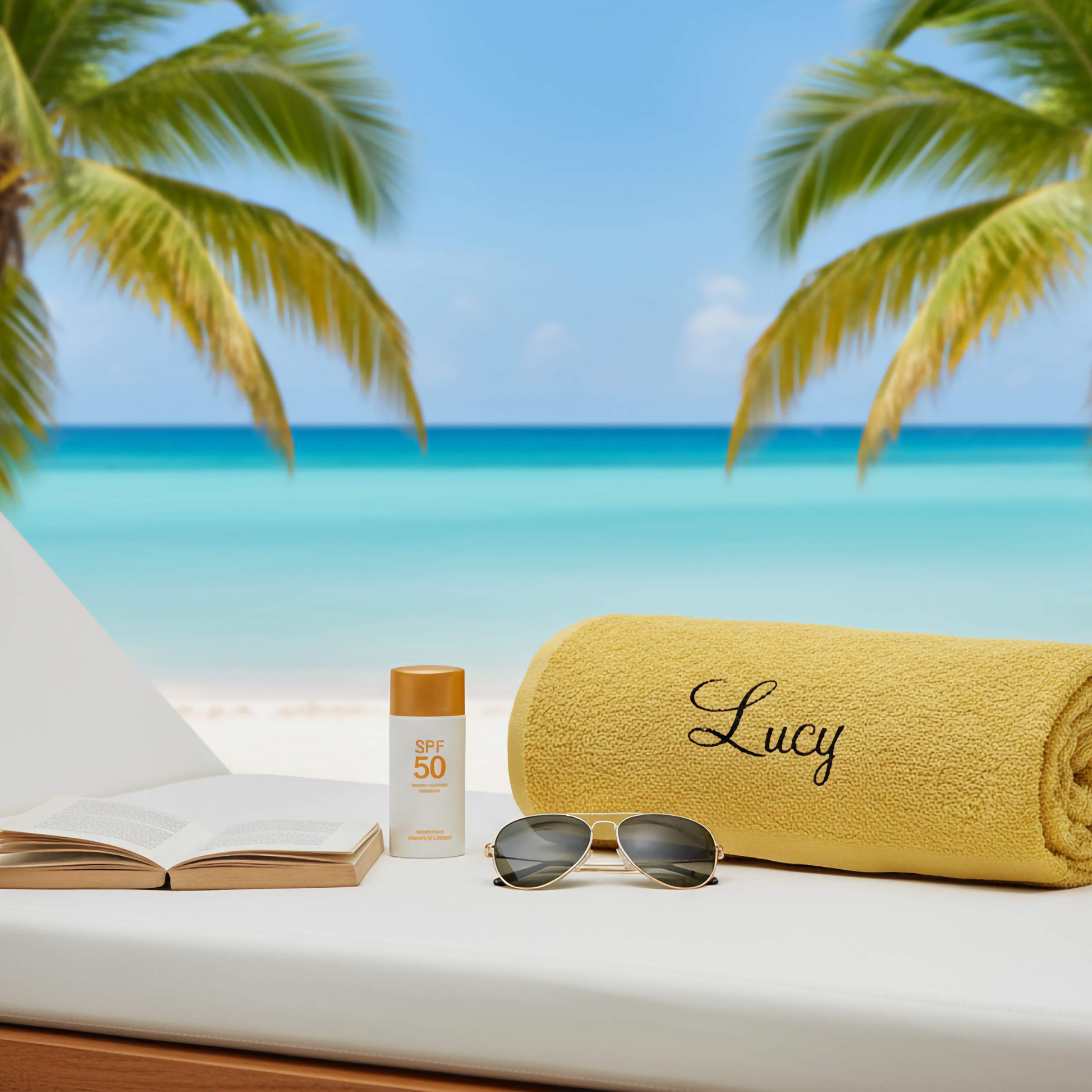 Personalised gold yelllow beach towel with the name 'Lucy' in a black glitter vinyl. Sat on a sunbed next to sunscreen, sunglasses, and book with palm trees and ocean in the background.