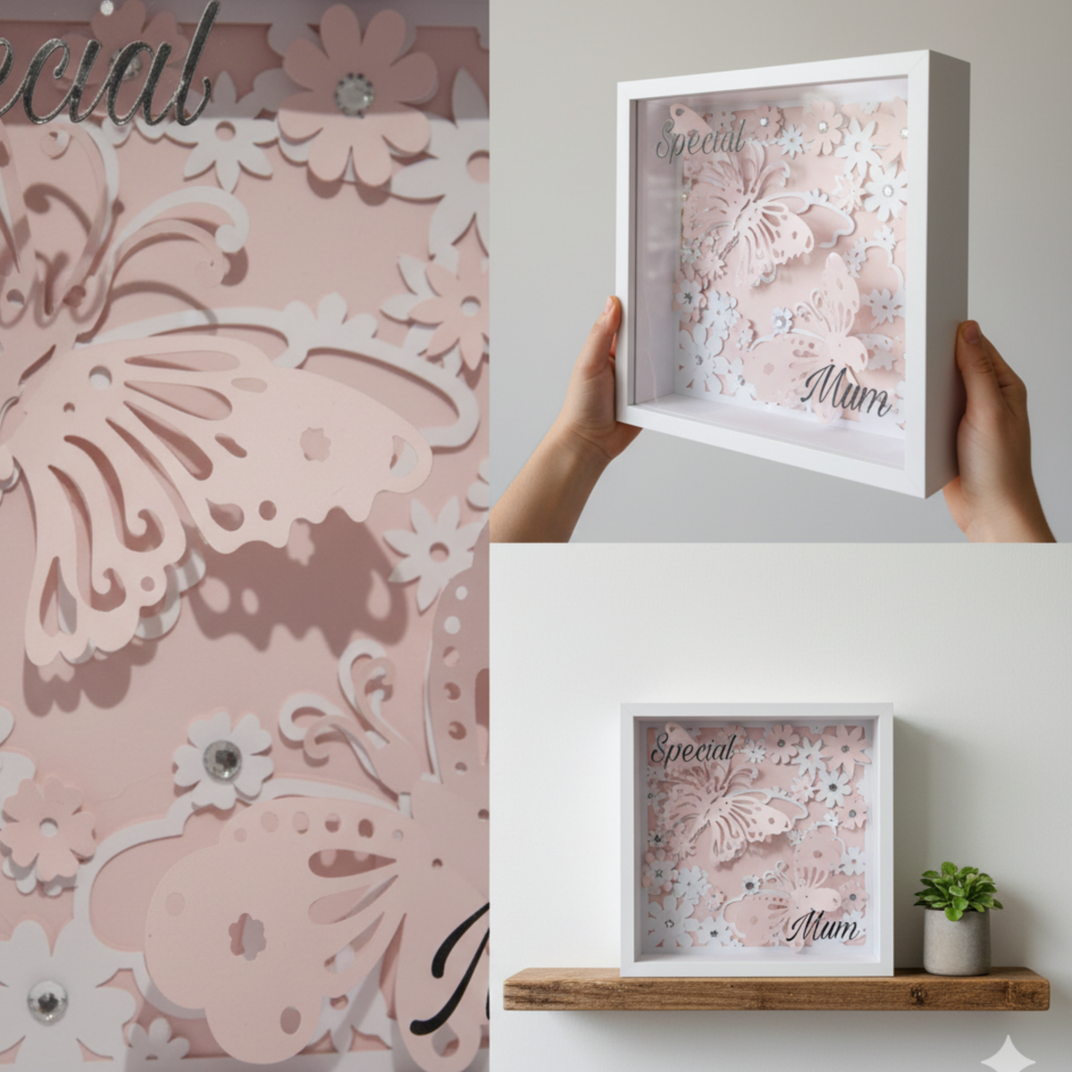 Personalised 3D shadow box with a pink butterfly & floral design with 'Special Mum' text held and displayed in a collage.