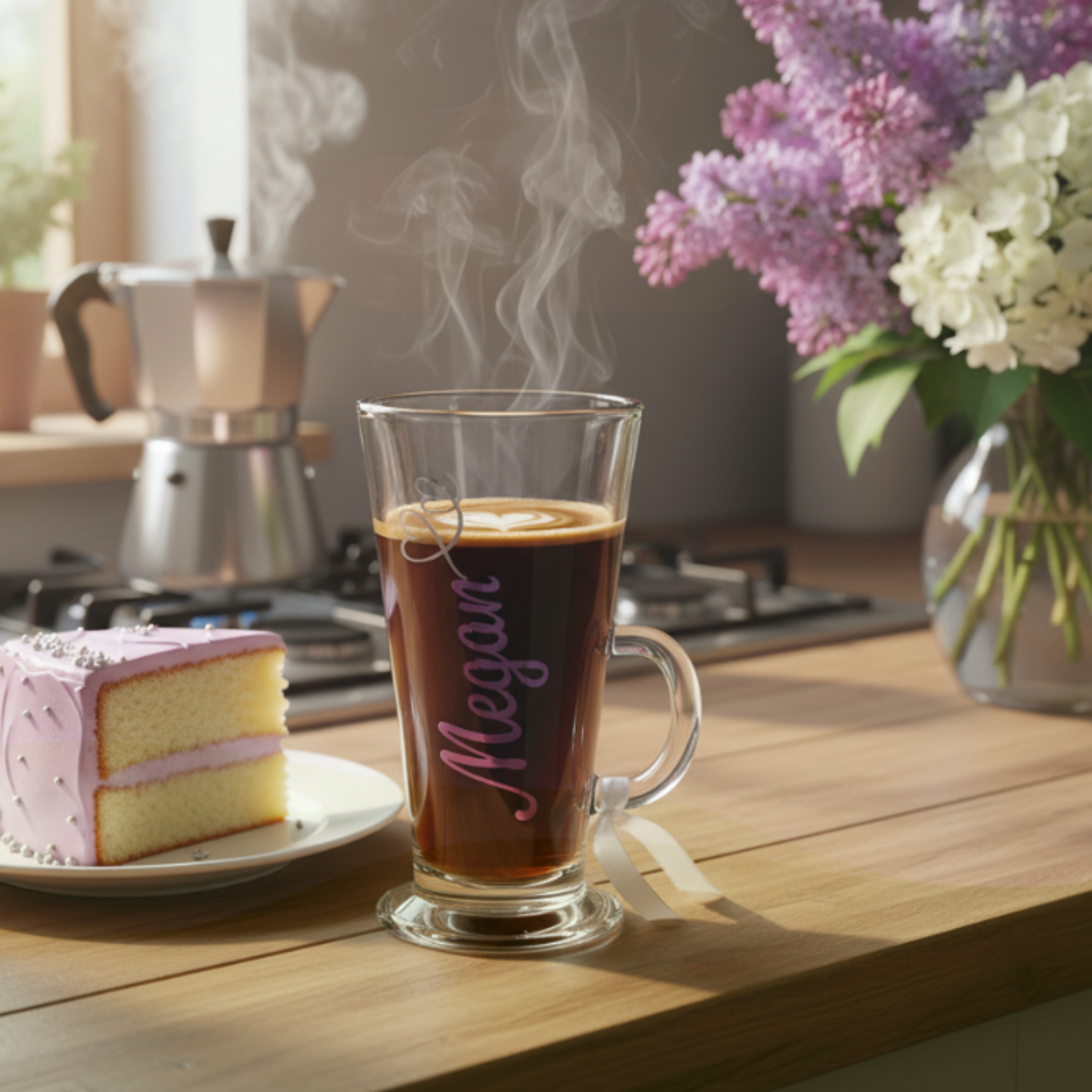 A personalised coffee glass mug filled with a steaming coffee drink with the name 'Megan' on it sat on a wooden table with a cake slice & flowers.