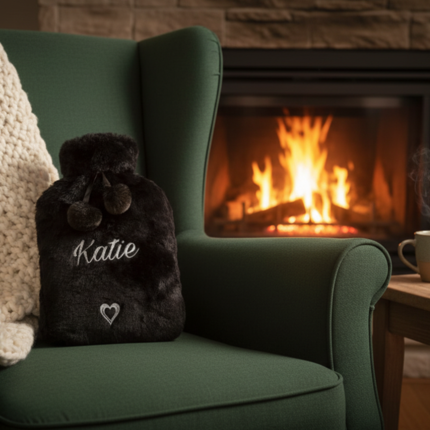 Personalised faux fur hot water bottle & pom poms with the name 'Katie' in silver glitter vinyl text sat on a green  armchair with cream blanket in front of a cosy fire.
