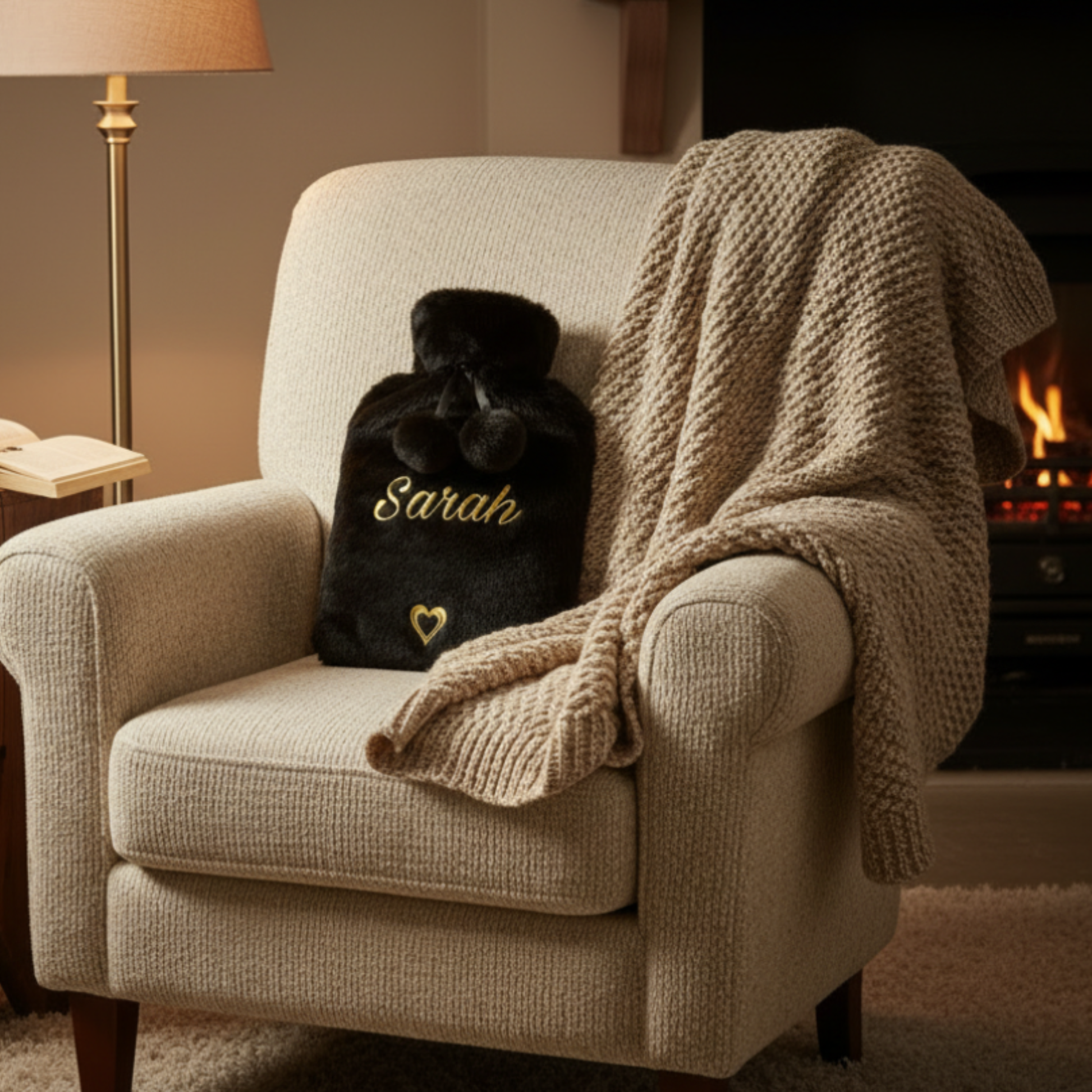 Personalised black faux fur hot water bottle & pom poms with the name 'Sarah' in a gold glitter vinyl text sat on an armchair with cosy blankets.