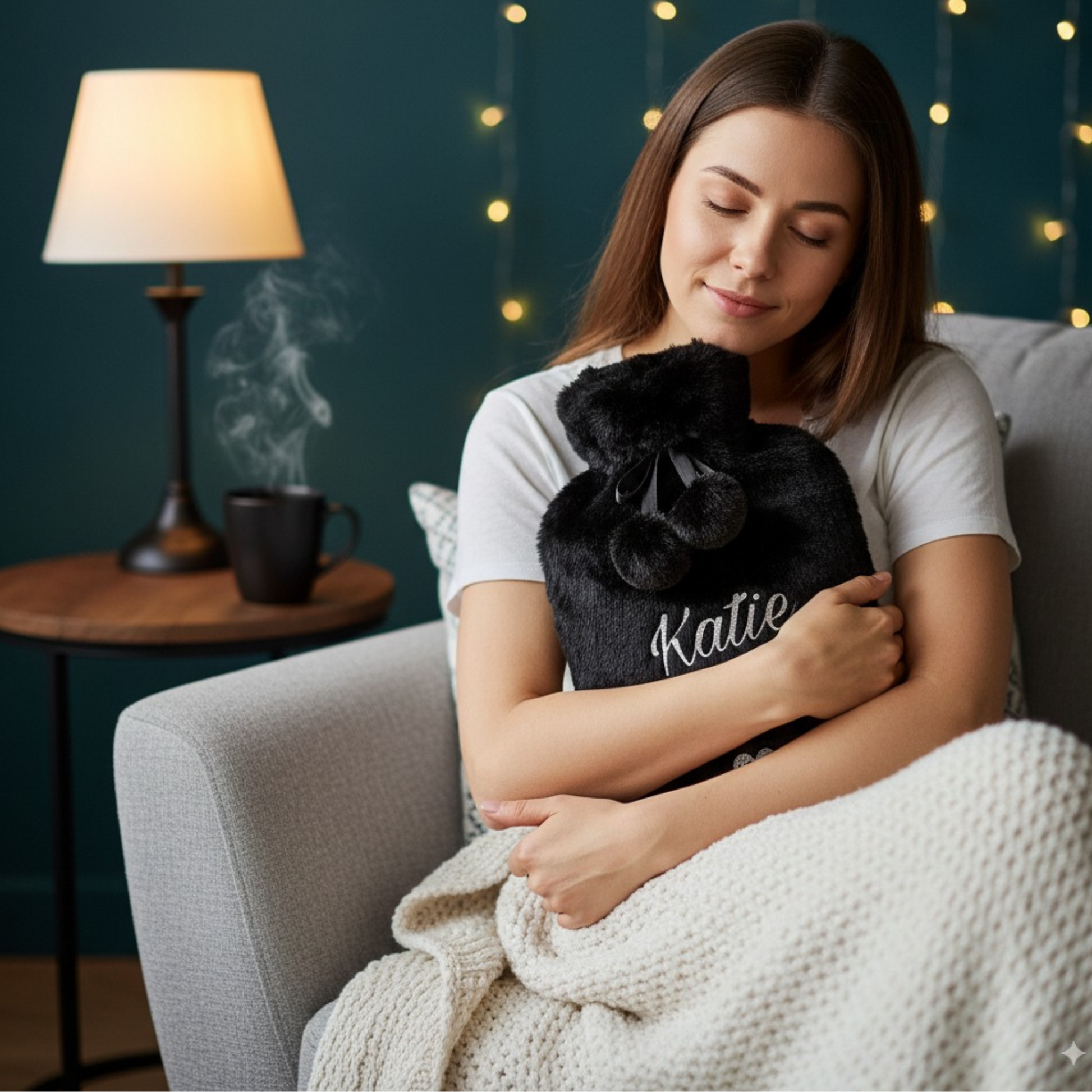 Personalised faux fur hot water bottle  pom poms in black being hugged by a lady sat on an armchair with a cream blanket. Has the name 'Katie' on it in a silver glitter vinyl text with fairy light background