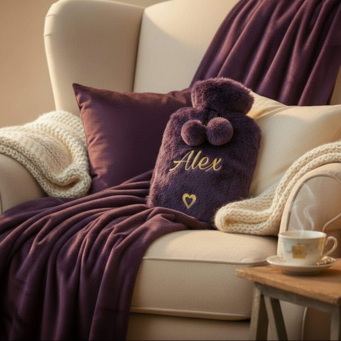 Personalised plush faux fur hot water bottle cover in purple with the name 'Alex' in a gold glitter vinyl text sat on an armchair with cosy blankets