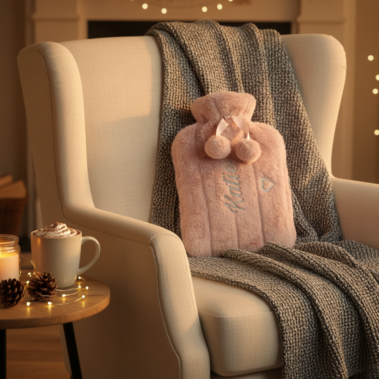 Personalised pink faux-fur hot water bottle with pom poms. Has the name 'Katie' on it in silver glitter vinyl text sat on a cream armchair with cosy blanket.
