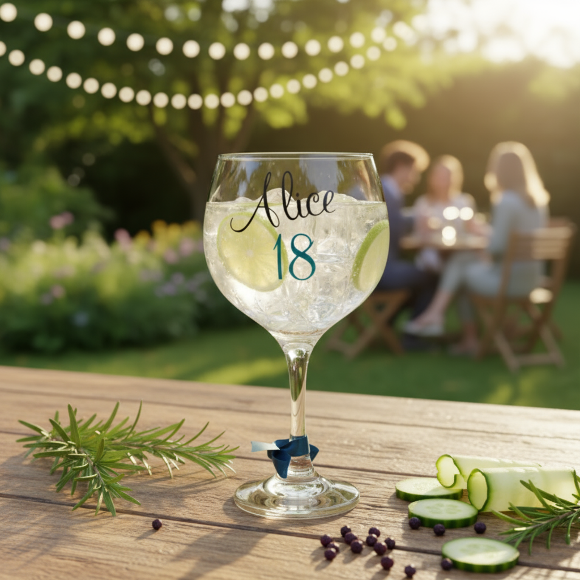 Personalised gin & cocktail balloon glass with 'Alice 18' on it sat on a wooden table outdoors next to cucumber slices and sprigs with people sat in the background.