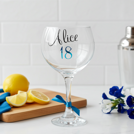 Personalised gin, cocktail balloon glass with the text 'Alice' on it in a glossy black vinyl featuring a flowing script font. Has age '18' in a holographic chrome peacock blue vinyl & blue satin ribbon tied around the stem. Placed on a marble surface next to a chopping board of lemon slices and blue flowers 