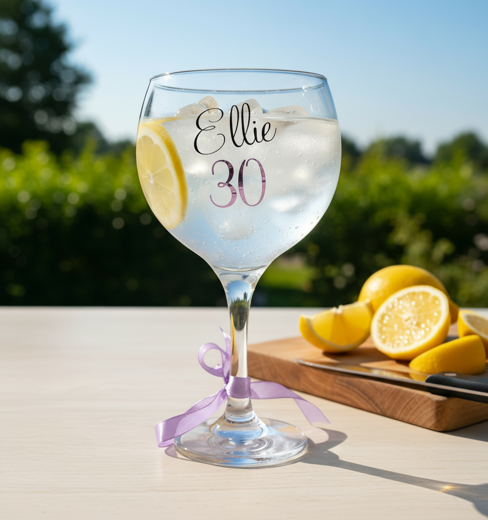Personalised gin glass with 'Ellie 30' on a table with lemons and a cutting board outdoors.