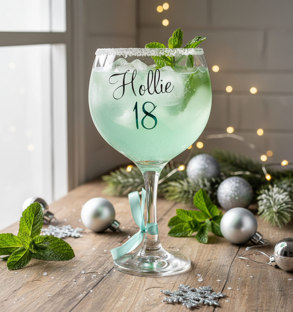 Personalised gin glass with 'Hollie 18' on a festive table with decorations.
