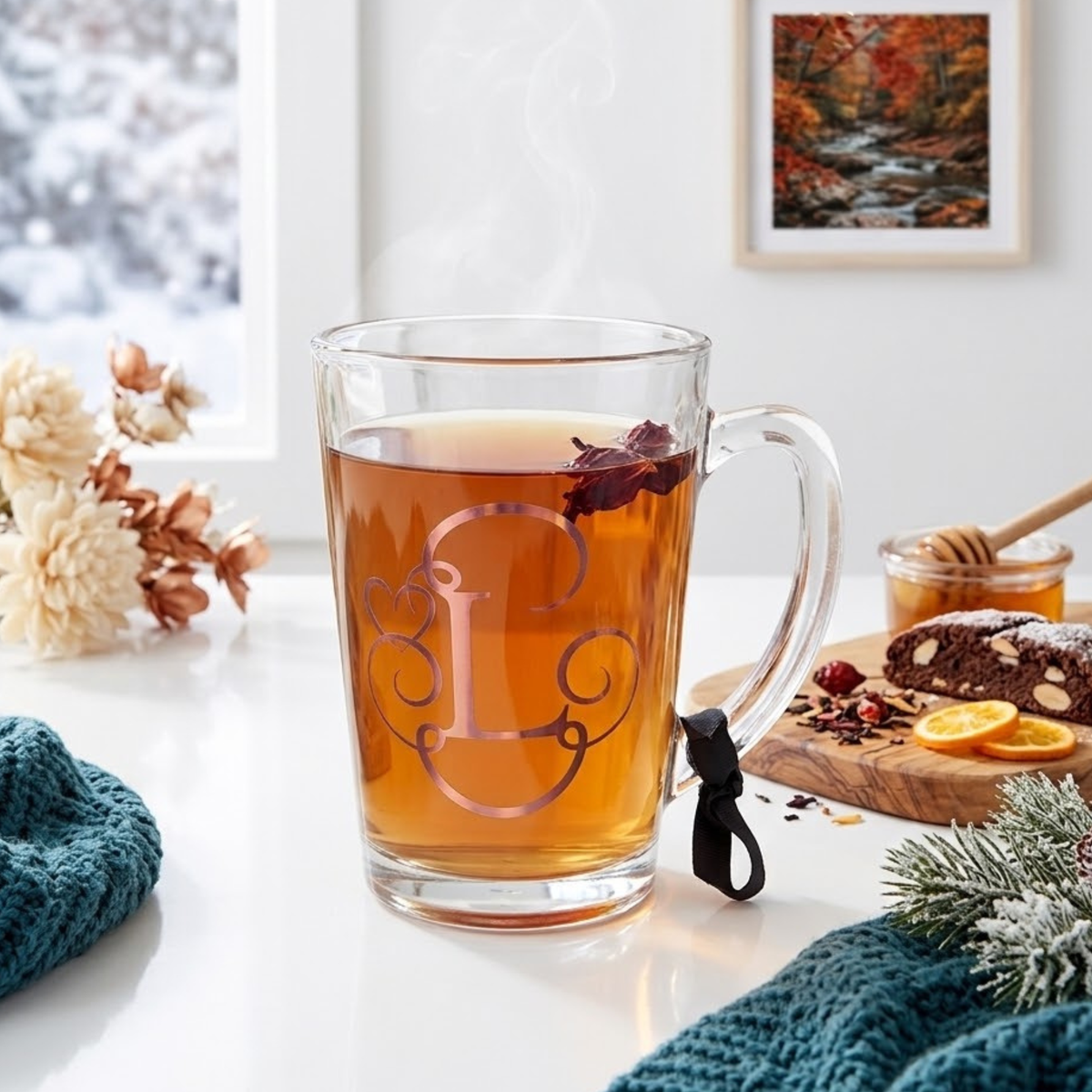 Personalised clear glass teacup mug filled with tea. Features a rose gold chrome vinyl monogram heart swirl design with the letter 'L'. Has a black satin ribbon tied around its wide loop handle. Placed on a white counter top next to a chopping board of small berries & orange slices.