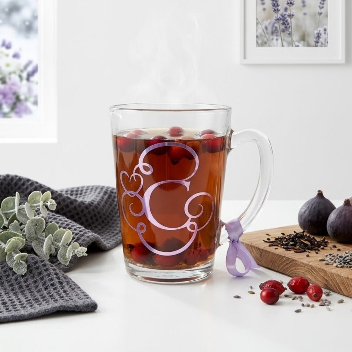 Personalised clear glass teacup mug filled with tea. Features a pink purple chrome vinyl monogram heart swirl design with the letter 'C'. Has a lavender satin ribbon tied around its wide loop handle. Placed on a white counter top next to a chopping board of figs and small berries.