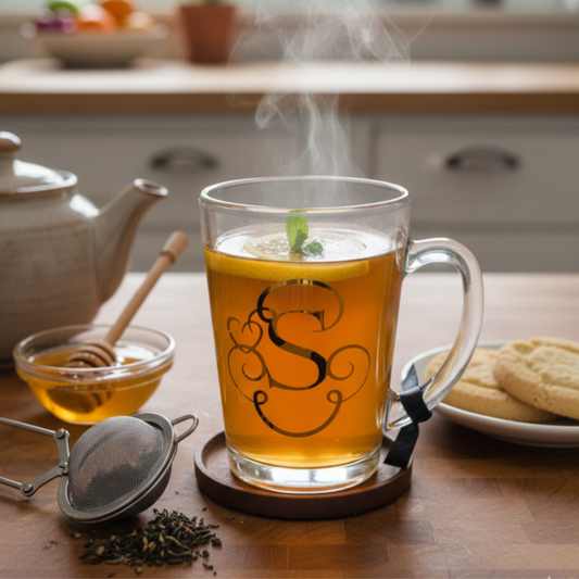 Clear glass mug filled with a tea drink in a gold monogram letter 'S' shown on a wooden table