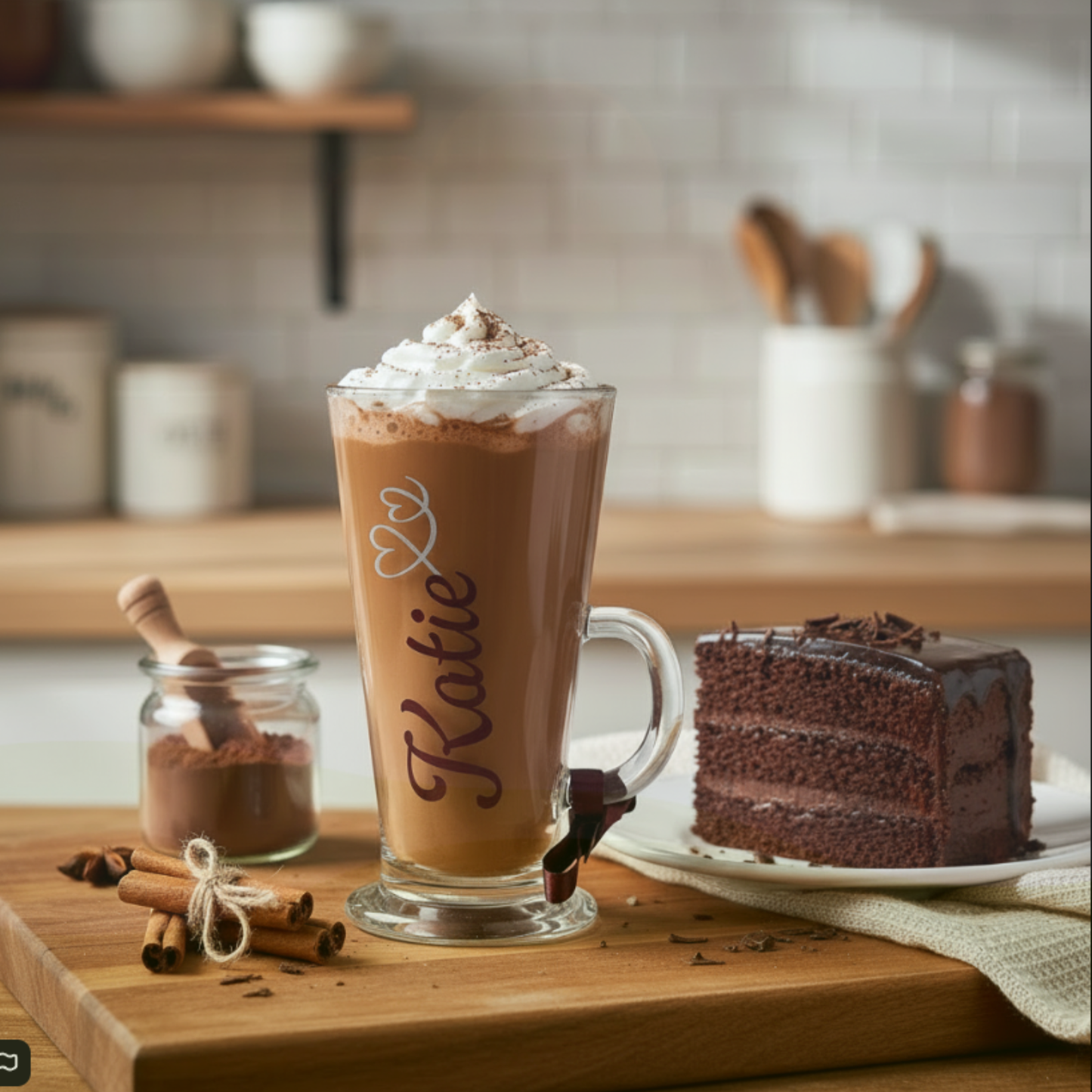 Personalised hot chocolate glass mug filled with a luxury hot chocolate drink. Has the name 'Katie' on it. Sat next to a slice of chocolate cake on a wooden surface.
