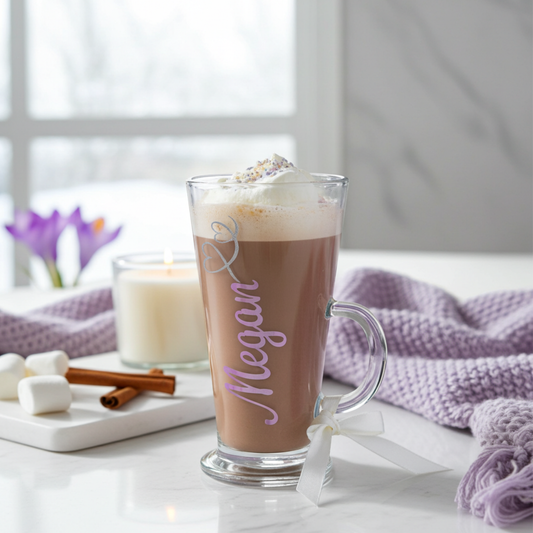 Personalised clear hot chocolate glass mug with the name 'Megan' in a pink purple chrome holographic vinyl. Features a silver glitter heart swirl design & a satin ribbon around its wide loop handle. Placed on a white surface next to marshmallows, cinnamon sticks & candle.