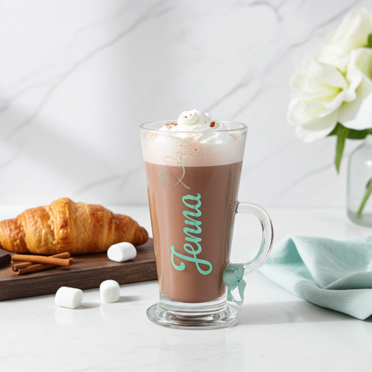 Personalised clear hot chocolate glass mug with the name 'Jenna' in a mint chrome holographic vinyl. Features a silver glitter hearts swirl design & a mint satin ribbon around its wide loop handle. Placed on a white surface next to a croissant, marshmallows, white flowers & a napkin on a marble background.