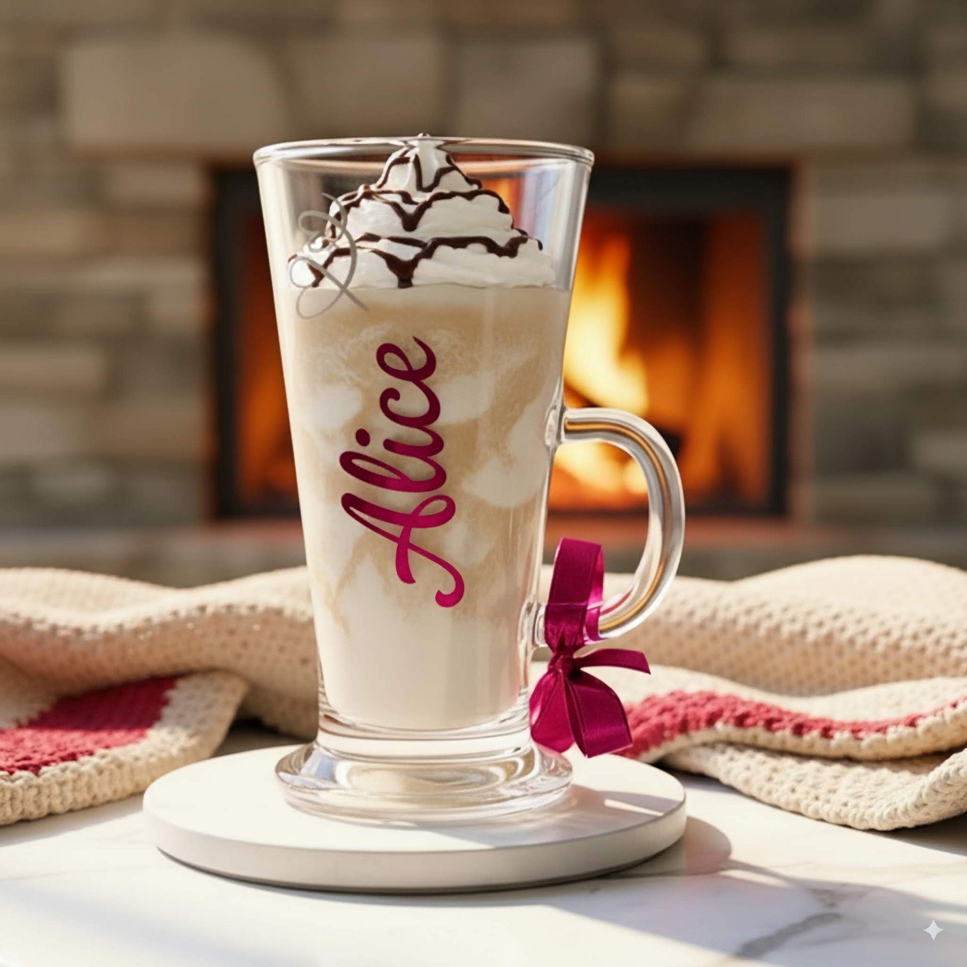 Glass mug with 'Alice' on it filled with a creamy beverage, decorated with whipped cream and a pink ribbon, against a fireplace background.