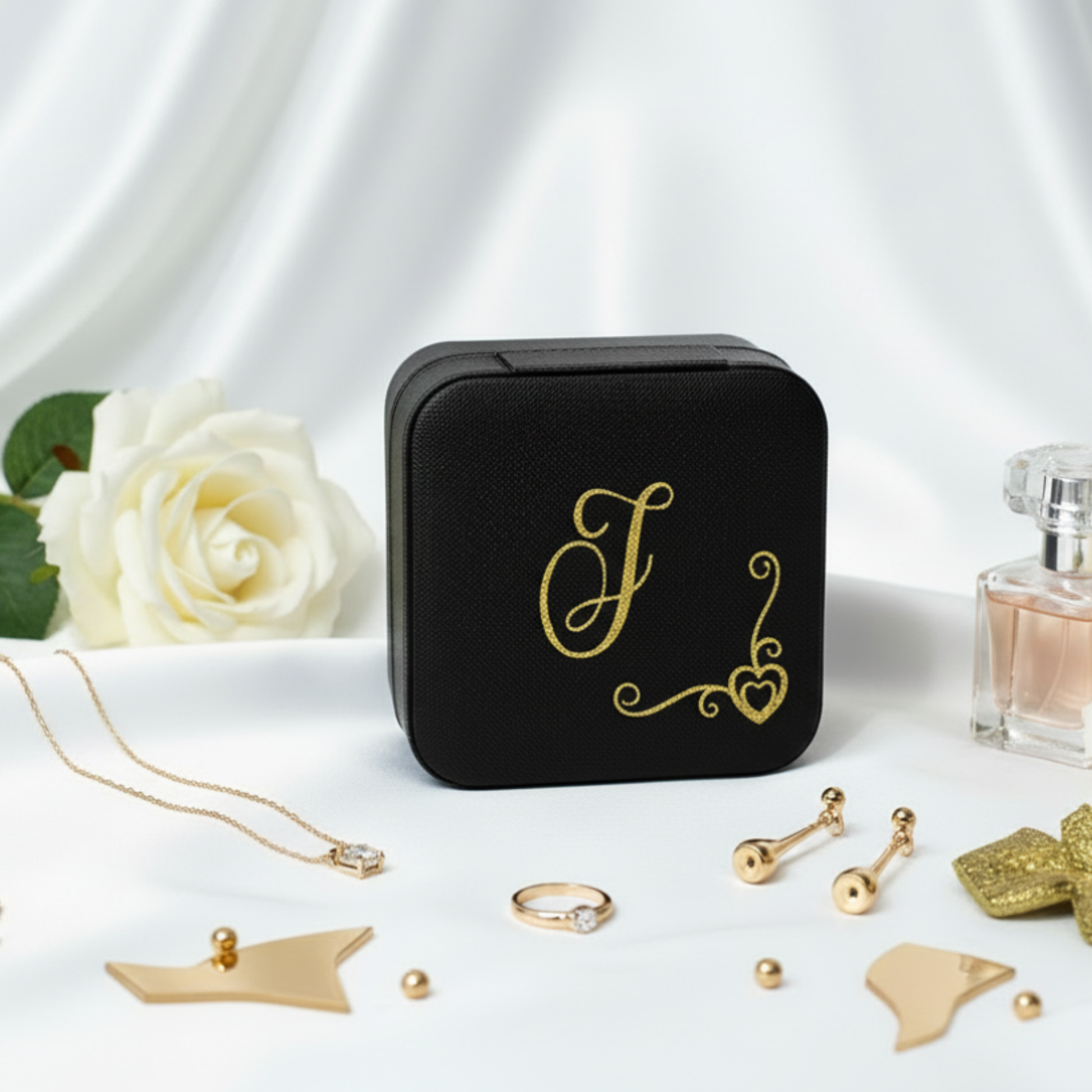 Personalised black square jewellery box with a gold glitter vinyl monogram letter 'J' & heart border. Surrounded by small jewellery pieces  & a white rose on a white background.
