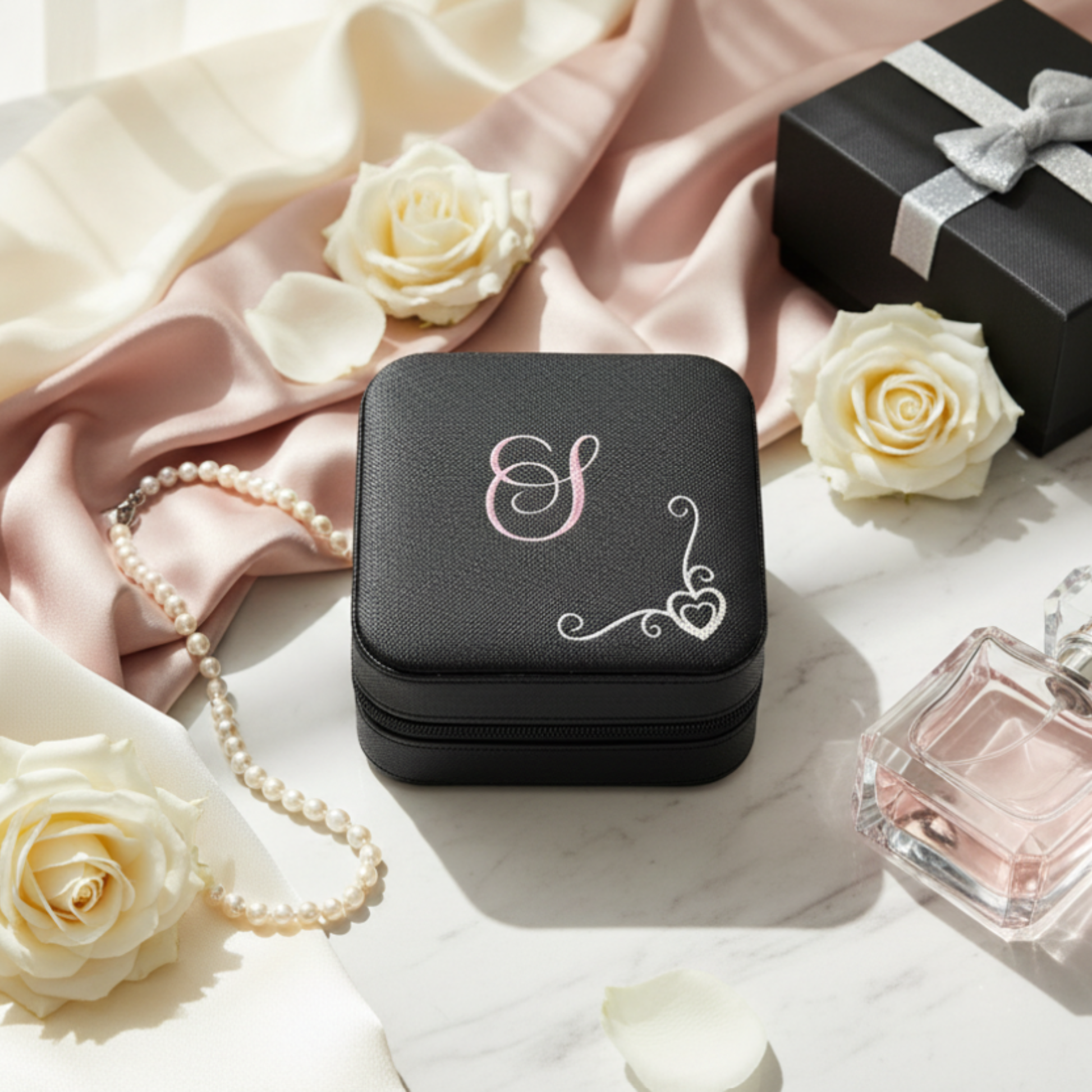 Personalised black square jewellery box with a monogram pink 'S' & hearts border in a silver glitter vinyl.  Laid on a marble surface with cream roses & perfume bottle.
