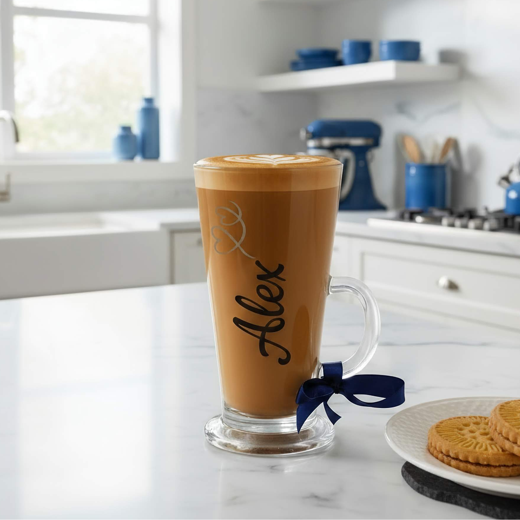 Personalised clear latte glass mug filled with a latte drink. Has the name 'Alex' on it in cobalt blue chrome vinyl. In a kitchen setting on a white surface next to a plate of biscuits