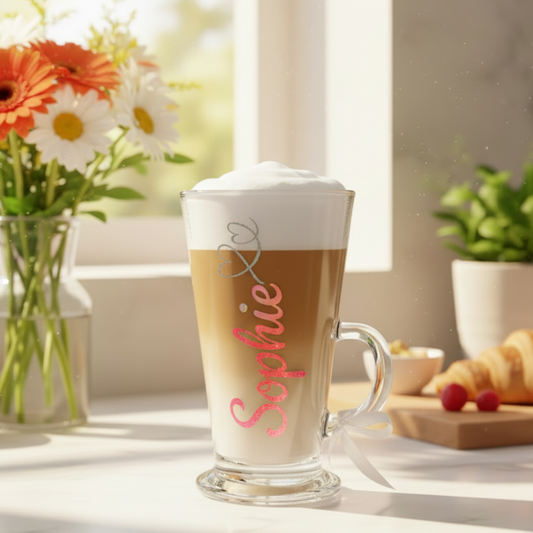 Personalised latte & coffee glass mug with the name 'Sophie' on it in a pink & coral holographic vinyl with a silver glitter heart design. Placed on a white kitchen surface next to a vase of orange & white flowers & a croissant .