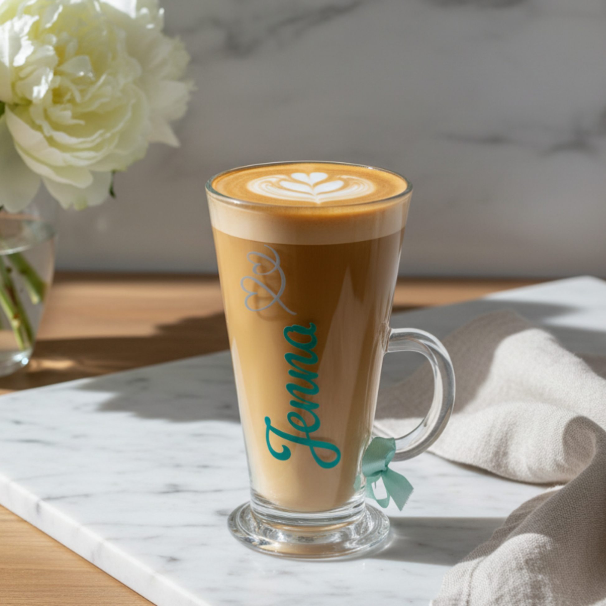 Personalised latte coffee glass mug filled with a latte drink with the name 'Jenna' on it sat on a marble surface next to a vase of cream flowers.