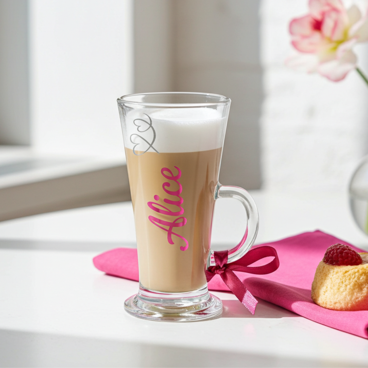 Personalised clear latte glass mug in a royal pink chrome holographic vinyl. Has the name 'Alice' with a frosted silver glitter heart swirl detail. Has a pink satin ribbon around its wide loop handle. Glass filled with a latte drink styled on a white surface.