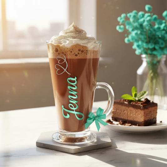 A clear 8oz luxury latte, hot chocolate glass mug with a handle. This image displays the glass filled with a cosy hot chocolate drink. The mug has the name 'Jenna' in a mint fresco font handcrafted with a bespoke chrome vinyl, decorated with a frosted silver glitter swirl heart design. It is presented with a luxury satin mint ribbon to the handle. A perfect gift for coffee lovers or self indulgent treat for enjoying your favourite drinks.