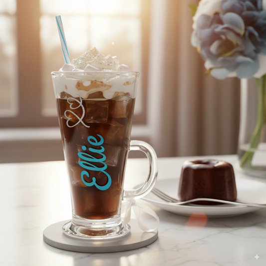 A clear 8oz luxury latte, hot chocolate glass mug with a handle. The image displays the glass filled with an iced drink. The glass has the name 'Ellie' in a peacock blue fresco font handcrafted with a premium chrome vinyl, decorated with a frosted silver glitter swirl heart design. It is presented with a luxury satin white ribbon to the handle. A thoughtful personalised gift suitable for any occasion.