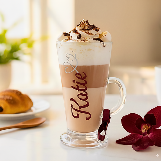 A clear 8oz luxury latte, hot chocolate glass mug with a handle. This image displays the glass filled with a cosy latte drink. The mug has the name 'Katie in a fresco font handcrafted with a bespoke burgundy chrome vinyl, decorated with a frosted silver glitter swirl heart design. It is presented with a luxury satin burgundy coloured ribbon to the handle. A perfect gift for coffee lovers or self indulgent treat for enjoying your favourite drinks. 