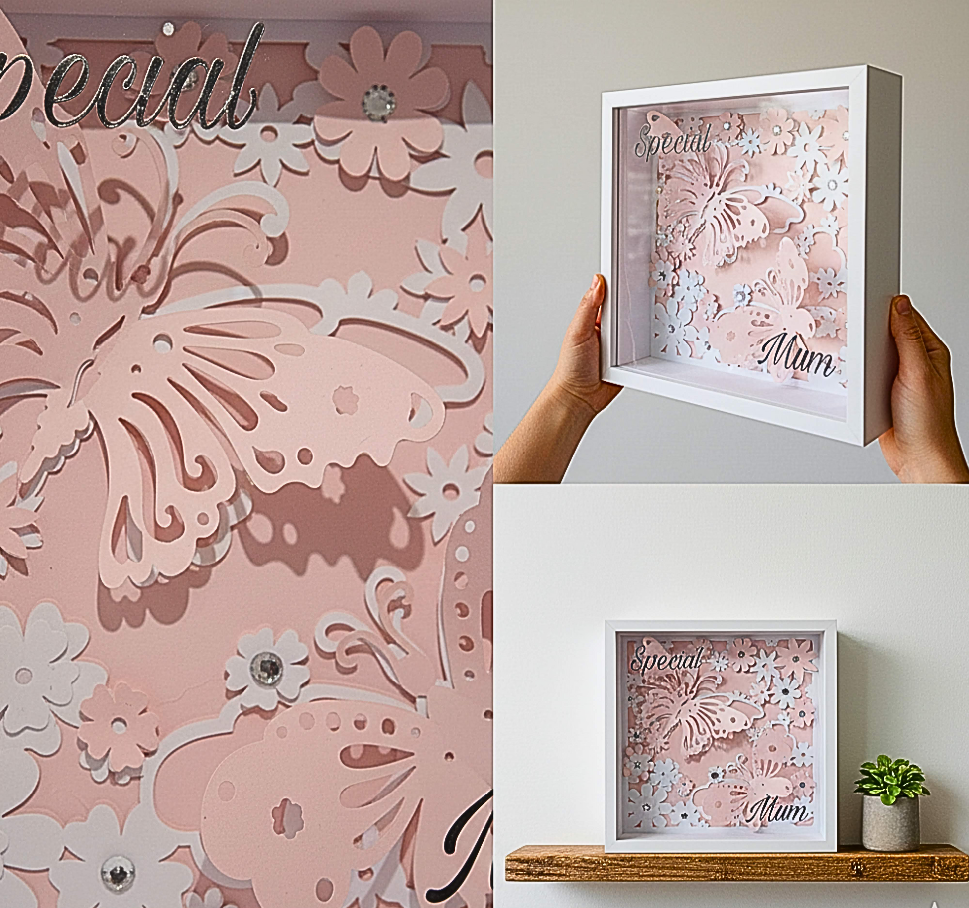 Display of butterfly floral white shadow boxes at angles in pink & white  cardstock