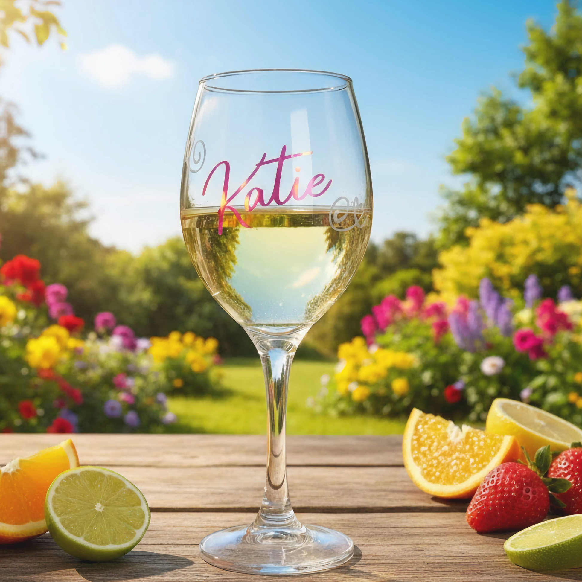 Personalised stemmed wine glass with the name 'Katie' in a pink holographic vinyl. Stood on a wooden table with fruits on a garden background.