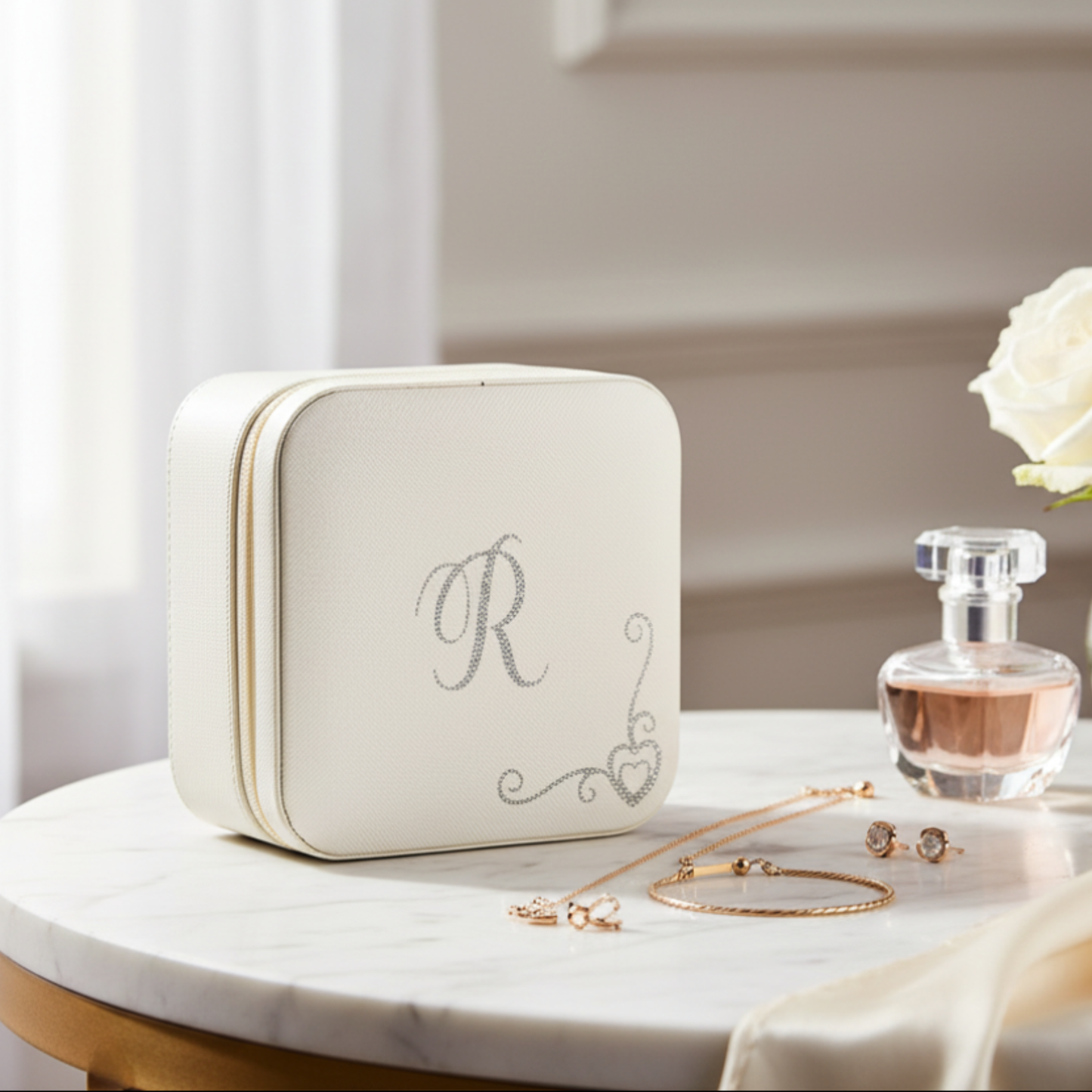 Personalised cream square jewellery box with a monogram letter 'R' & heart border in silver glitter vinyl. Stood on a marble surface next to a perfume bottle.