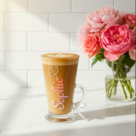 Personalised latte glass mug with the name 'Sophie' in a holographic pink & coral vinyl. Features a silver glitter heart design. Stood on a white surface next to a vase of pink flowers.