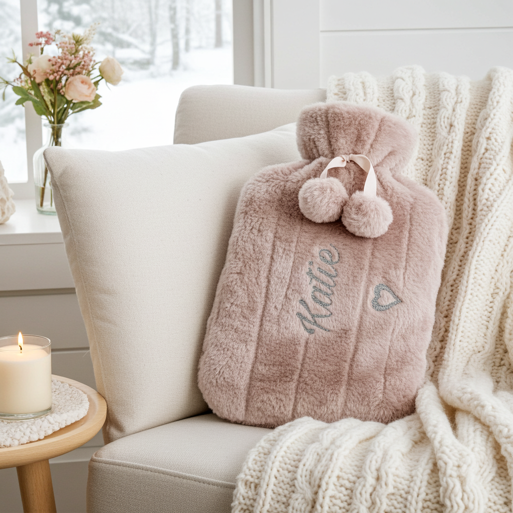 Personalised hot water bottle with a deep pile pink faux fur cover & fluffy pom poms. Has the name 'Katie' & heart detail both in a silver glitter vinyl. Styled on an armchair with cosy props.