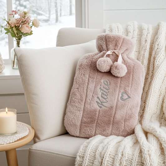 Personalised pink faux-fur hot water bottle with fluffy pom poms. Has the name 'Katie' in silver glitter vinyl with a glitter heart detail. Propped up against cushions on a cream armchair with cosy blanket draped.