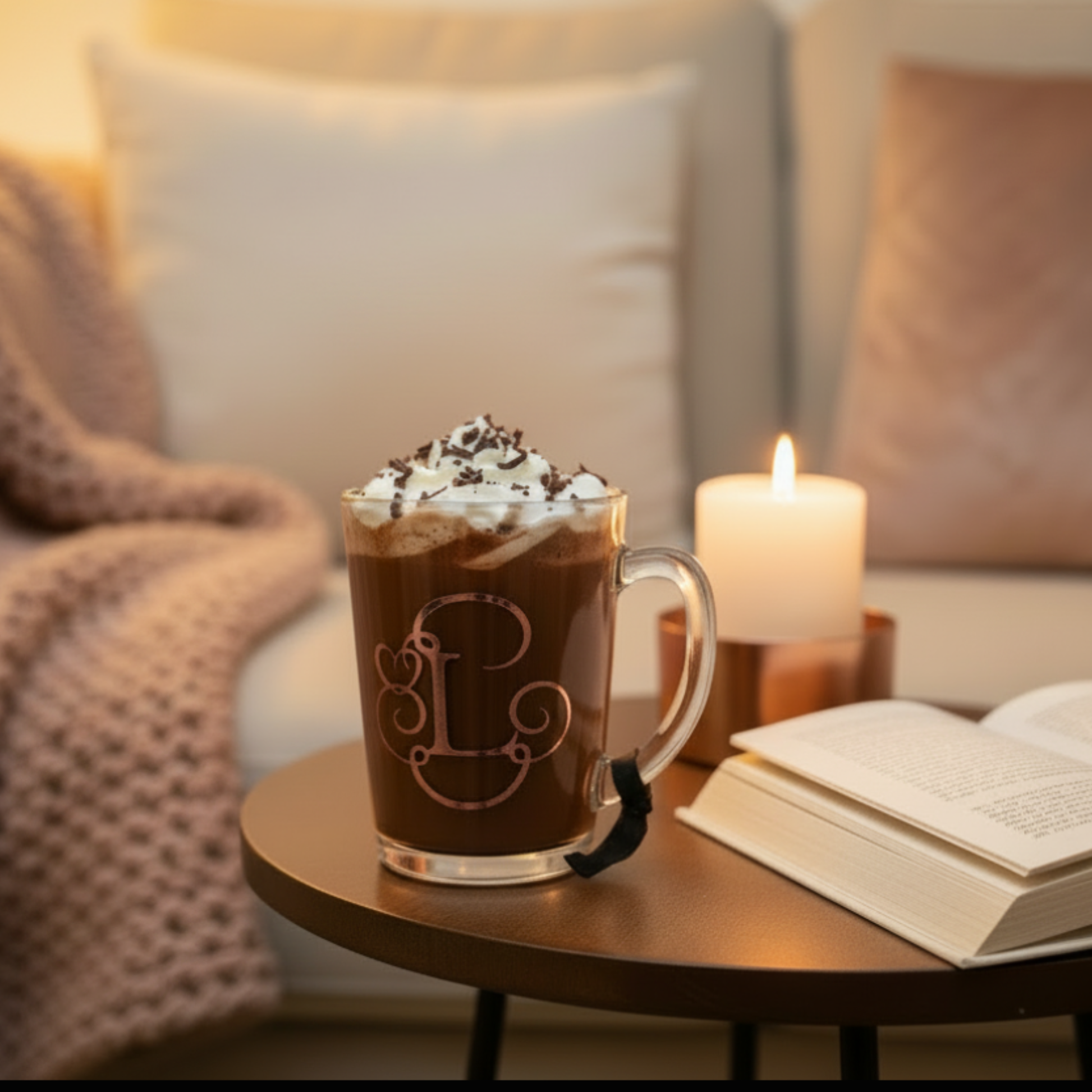 Hot chocolate with whipped cream in a glass mug on a wooden table, with a candle and book in the background.