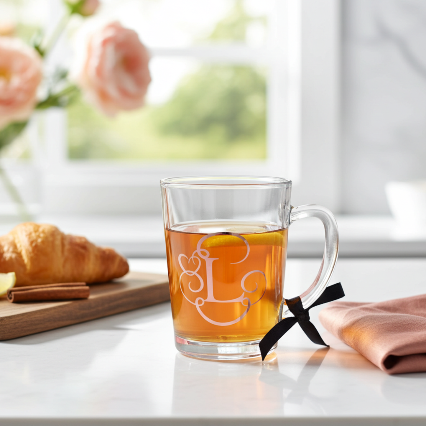 Personalised glass tea cup with the initial 'L' on it in a rose gold chrome holographic vinyl. This tea glass mug features a monogram heart swirl design and a black satin ribbon around its wide loop handle. Placed on a white marble surface next to a croissant and pink flower background.