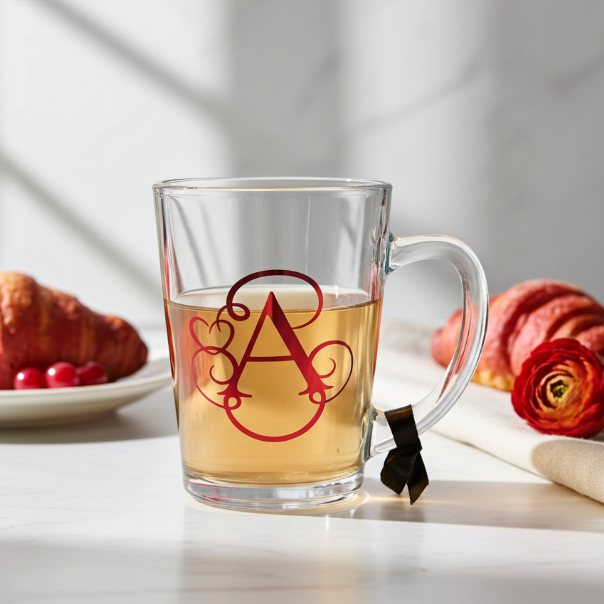 Personalised tea glass mug with the initial 'A' in a red chrome holographic vinyl. This tea glass cup features a monogram heart swirl design & a black satin ribbon around its wide loop handle. Placed on a white marble surface next to a red flower & croissants.