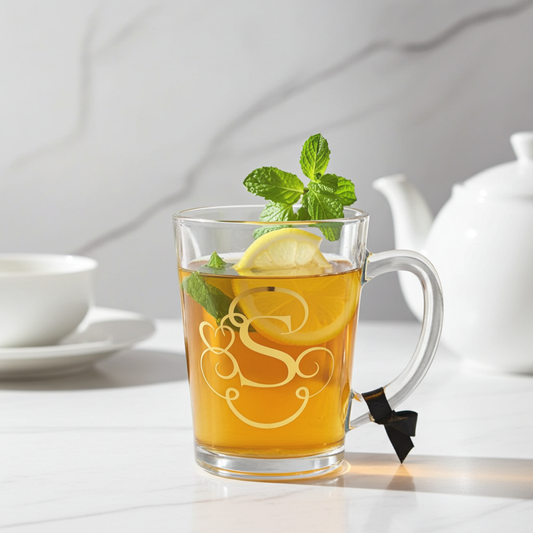 Personalised clear teacup glass mug filled with a tea drink. Features a gold chrome vinyl monogram heart swirl design with the letter 'S'. Has a black satin ribbon around a wide loop handle.  On a white counter top.