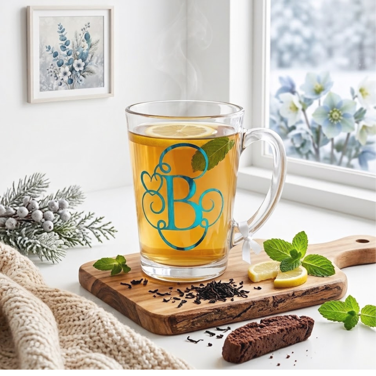 Personalised clear glass teacup mug filled with tea. Features a peacock blue chrome vinyl monogram heart swirl design with the letter 'B'. Has a white satin ribbon tied around its wide loop handle. Placed on a chopping board with lemon slices & mint sprigs.