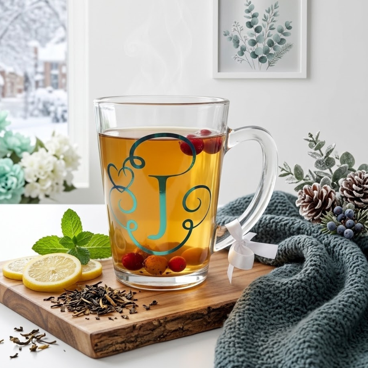 Personalised clear glass teacup mug filled with tea. Features a mint chrome vinyl monogram heart swirl design with the letter 'J'. Has a white satin ribbon tied around its wide loop handle. Placed on a chopping board next to lemon slices & mint sprigs.