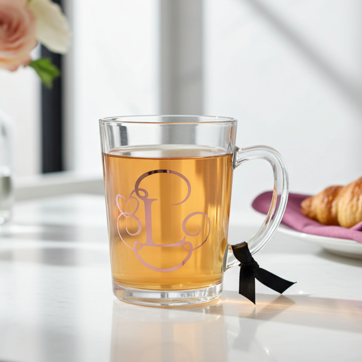 Personalised clear tea cup glass with the initial 'L' in a rose gold chrome holographic vinyl. This tapered tea glass mug has a monogram design encased in a heart swirl border. It has a black satin ribbon tied around its wide loop handle. Placed on a white surface next to a croissant and a vase of flowers.