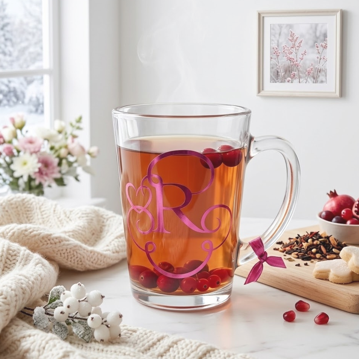 Personalised clear glass teacup mug filled with tea & winter berries. Features a royal pink chrome vinyl monogram heart swirl design with the letter 'R'. Has a pink satin ribbon tied around its wide loop handle. Placed on a white marble counter top next to a chunky knit blanket.
