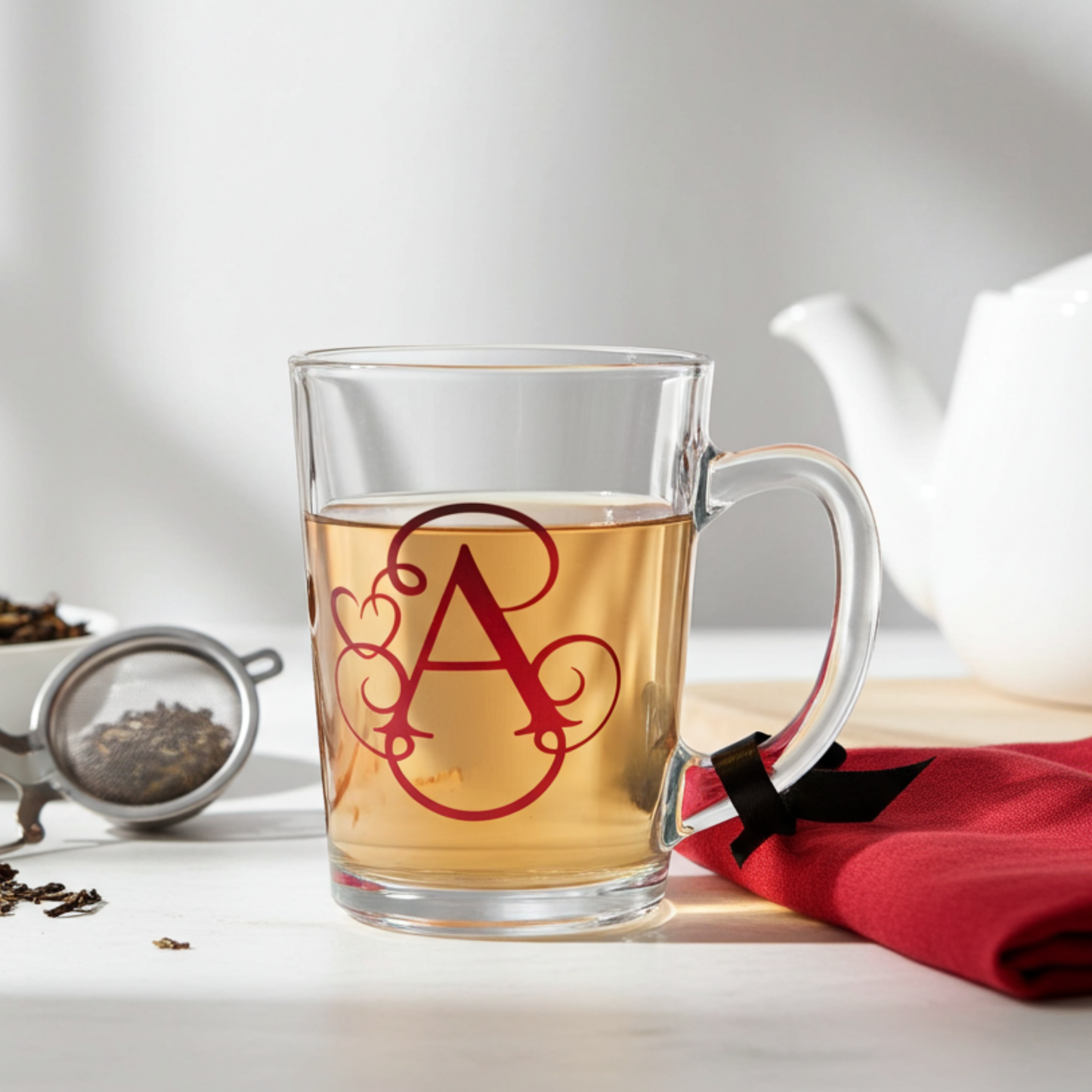 Personalised clear teacup glass mug filled with a tea drink. Features a red chrome vinyl monogram heart swirl design with the letter 'A'. Has a black satin ribbon tied around its wide loop handle. Placed on a white counter top next to tea leaves & red napkin.