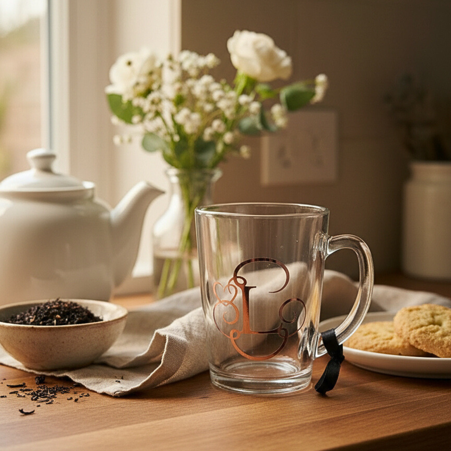 Clear glass mug with monogram, teapot, bowl of tea leaves, and plate of cookies on a wooden table.