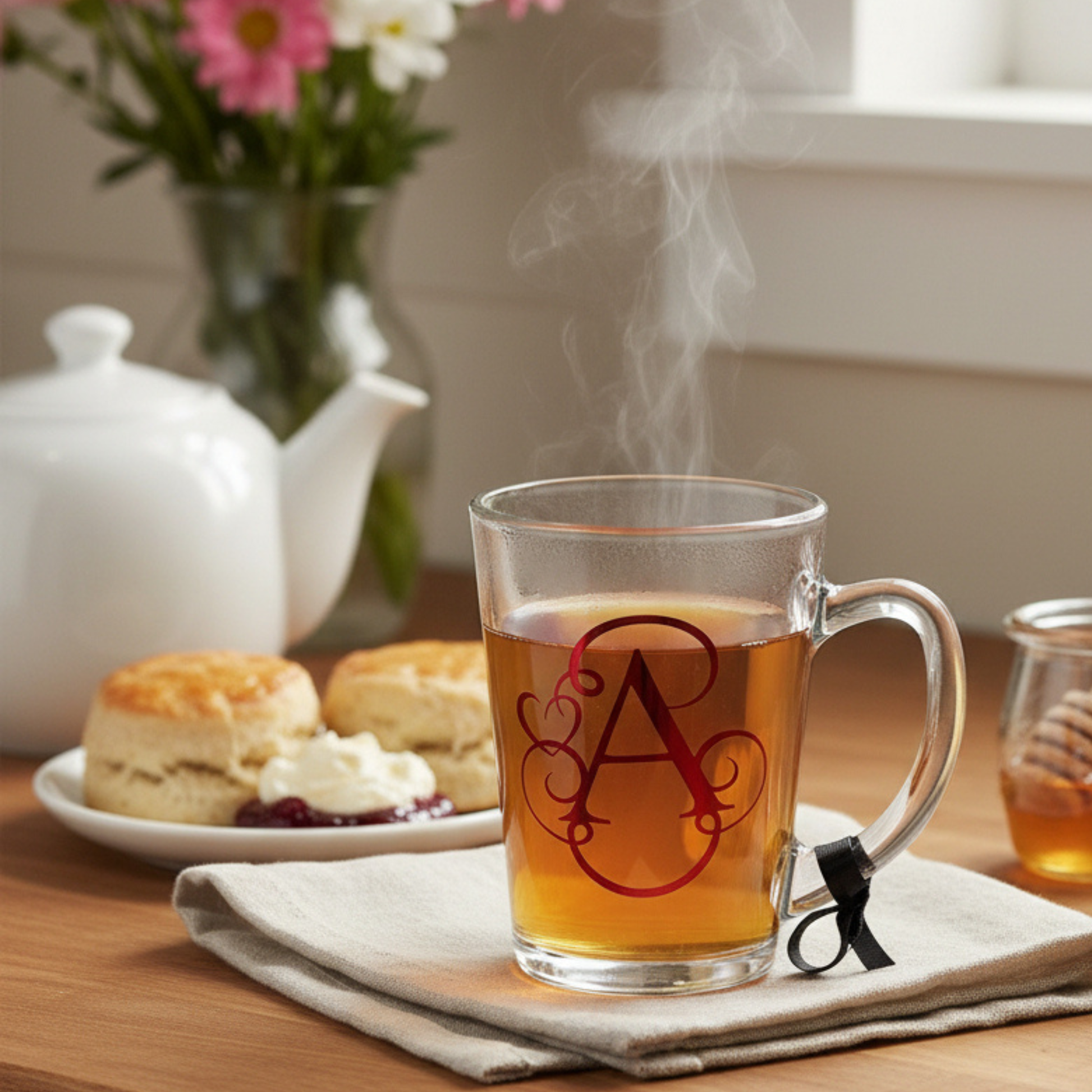 Steaming mug of tea with a decorative 'A' on a wooden table with a teapot and biscuits.