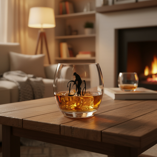 Personalised whisky glass tumbler with the name 'Dad' on the front. Sat on a wooden table in a cosy living room background.
